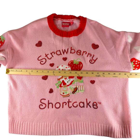 Strawberry Shortcake Knit Sweater Women’s Large L Retro Cartoon Y2K Hearts - Picture 5 of 9